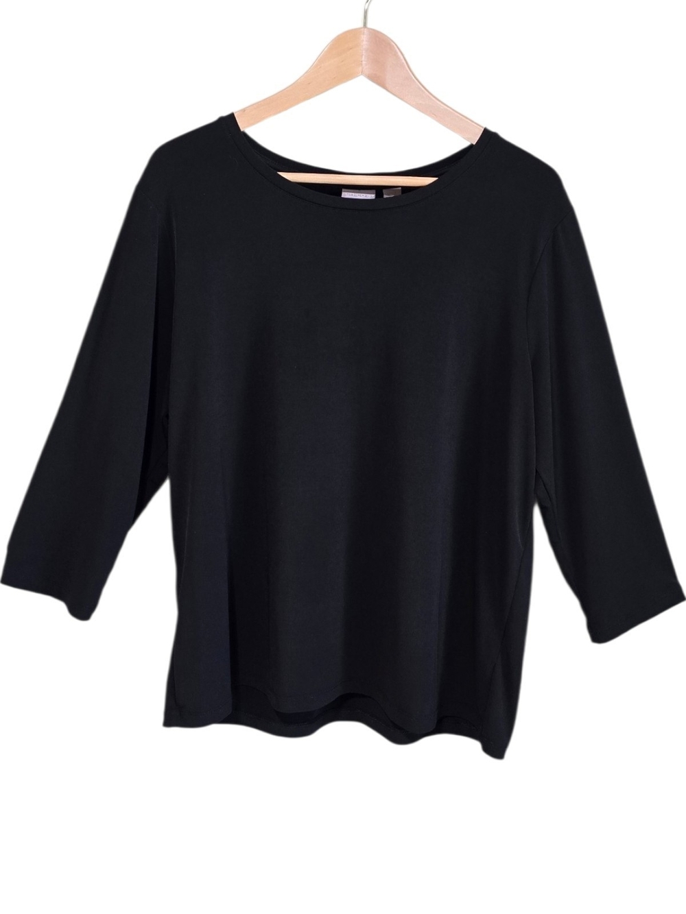 Chico’s Microfiber Knit 3/4 Sleeve Boat Neck Top XL Black Timeless Closet Staple